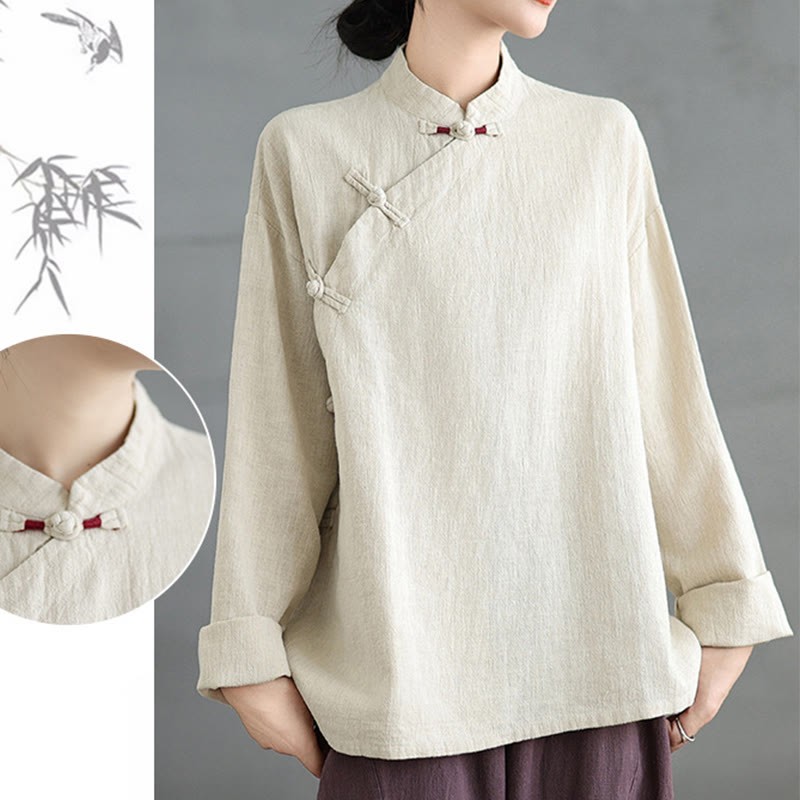 Solid Color Frog-Button Long Sleeve Women's Shirt