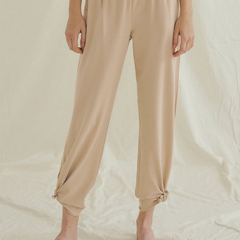 Casual Loose Tie-down Hem Plain High Waist Women's Leica Pants With Pockets