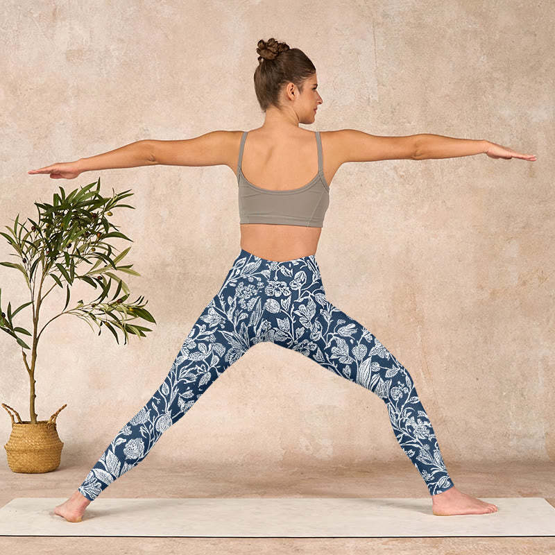 Dark Blue Flower Print Fitness Leggings Women's Yoga Pants