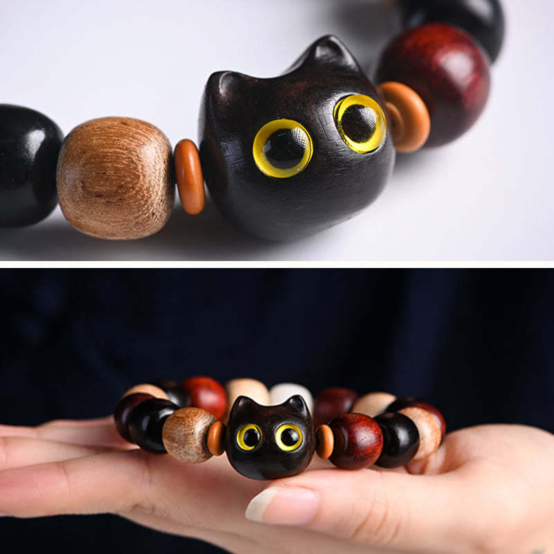 Small Leaf Red Sandalwood Ebony Wood Cute Cat Engraved Protection Bracelet