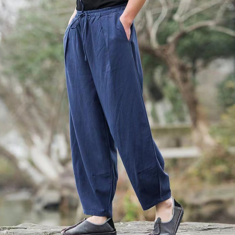 Casual Simple Drawstring Men's Cotton Harem Pants With Pockets