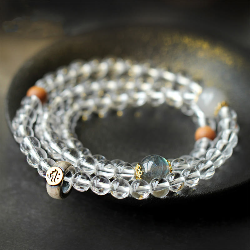 925 Sterling Silver Chinese Zodiac Natal mystic zen White Crystal Meditation Triple Wrap Bracelet