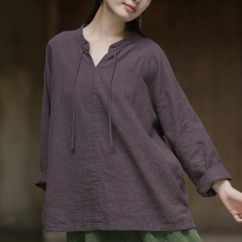 Retro Solid Color Long Sleeve Ramie Linen Women's Shirt