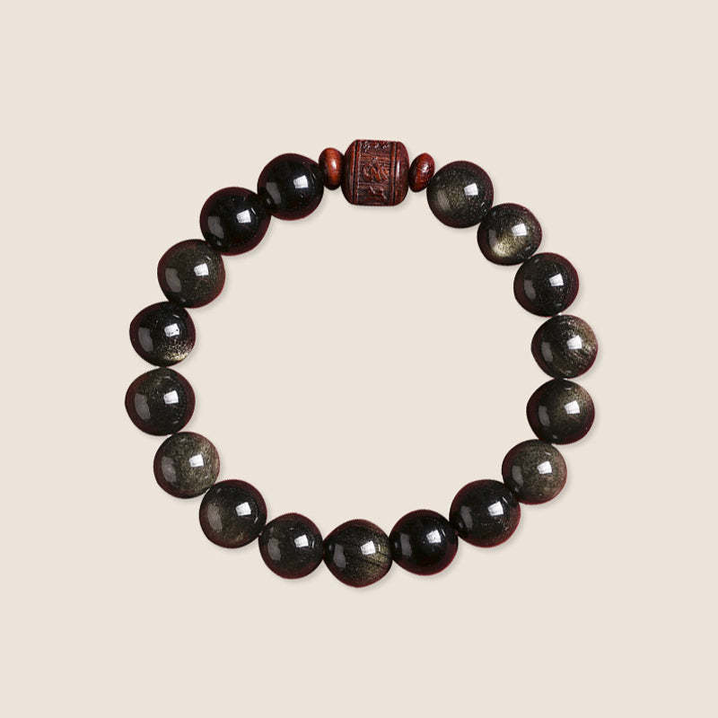 Natural Gold Sheen Obsidian Rainbow Obsidian Om Mani Padme Hum Fu Character Healing Bracelet