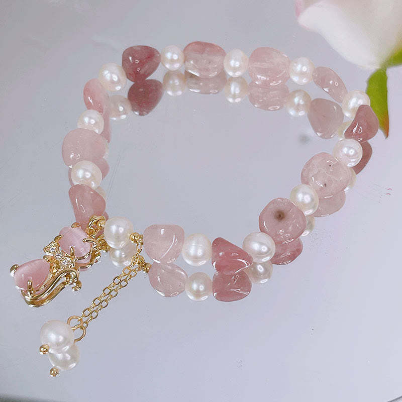 Natural Strawberry Quartz Pearl Cat Positive Bracelet