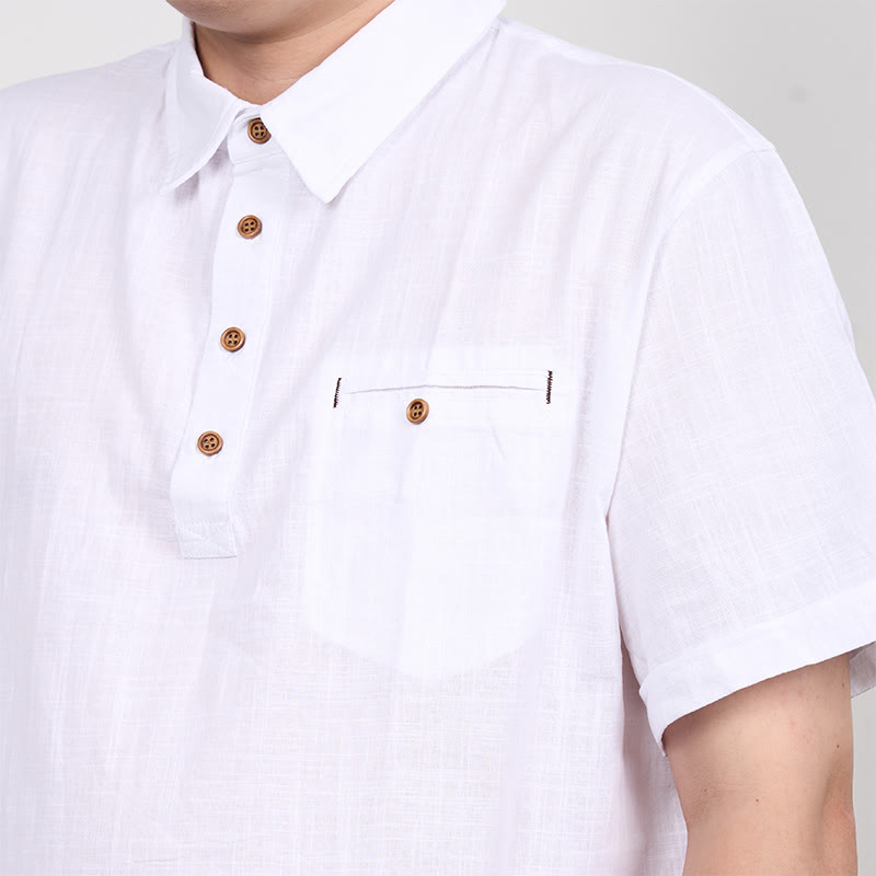 Men's Solid Color Button Short Sleeve Cotton?Linen Polo Shirt