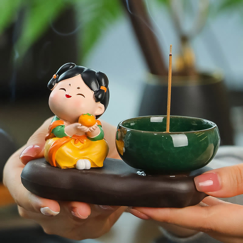 Tang Dynasty Lady Food Healing Ceramic Incense Burner Desk Decoration