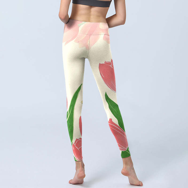 Pink Tulip Flower Print Gym Fitness Leggings Women's Yoga Pants