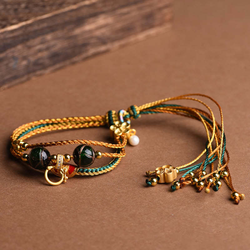 Tibetan Handmade Rope Liuli Glass Bead Braided Multilayered Healing Bracelet