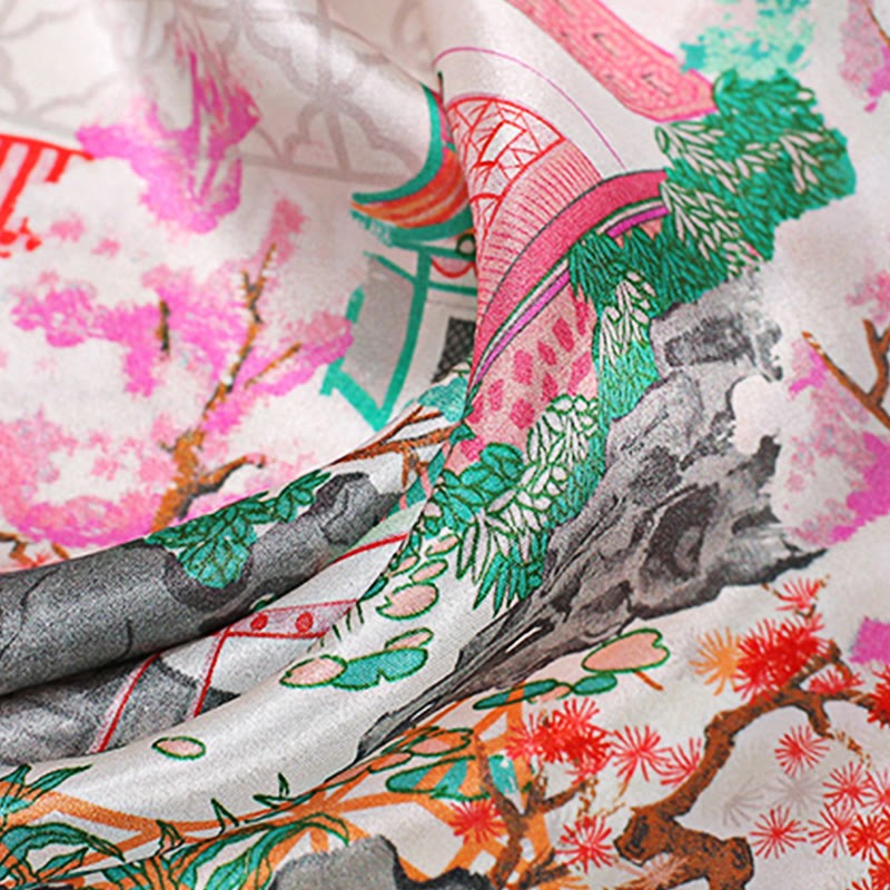 Pastoral Scene Hot Air Balloon Spring Blossom 100% Mulberry Silk Neck Hair Scarf