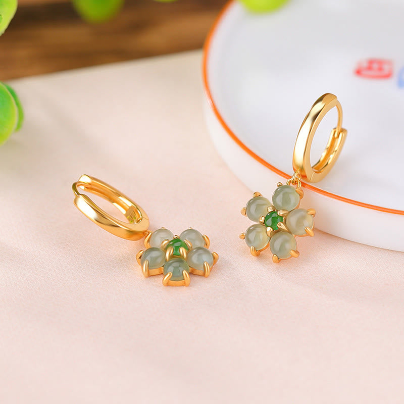 925 Sterling Silver Plated Gold Green Jade Flower Design Luck Prosperity Earrings