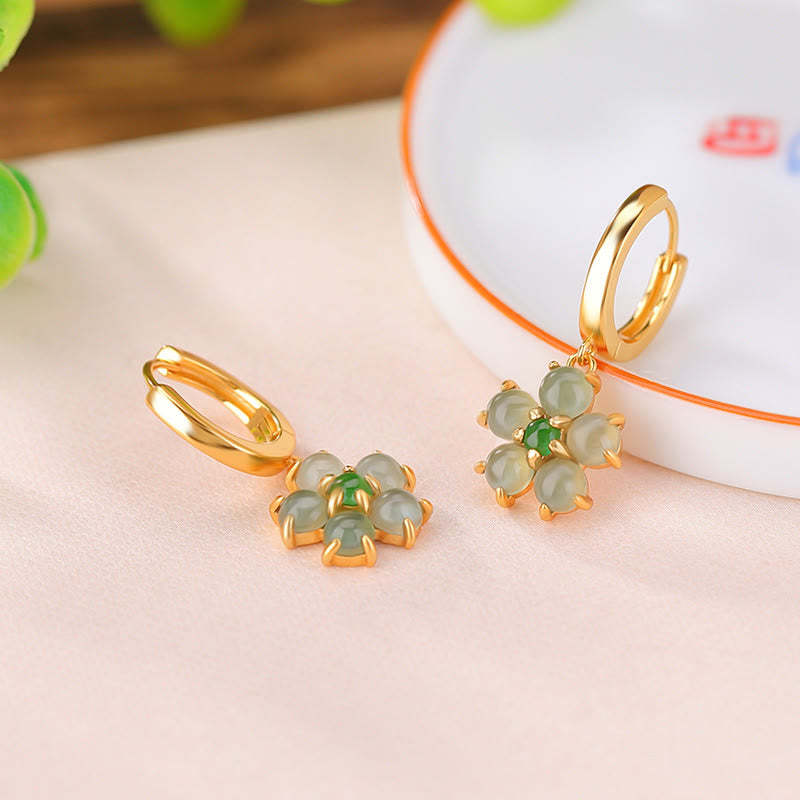 925 Sterling Silver Plated Gold Green Jade Flower Design Luck Prosperity Earrings