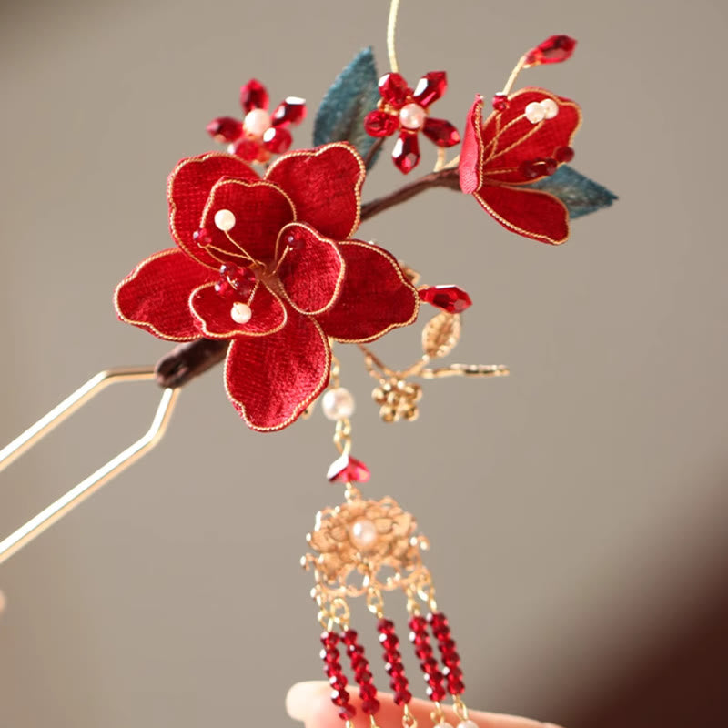 Classical Chinese Style Red Flower Butterfly Tassel Hair Comb Hairpin