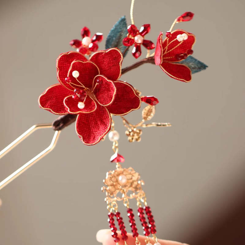 Classical Chinese Style Red Flower Butterfly Tassel Hair Comb Hairpin