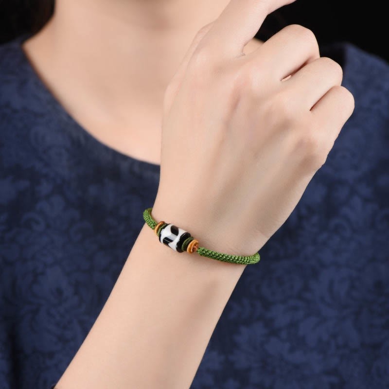 Handmade Tibetan Dzi Bead Protection Braided Green Rope Bracelet
