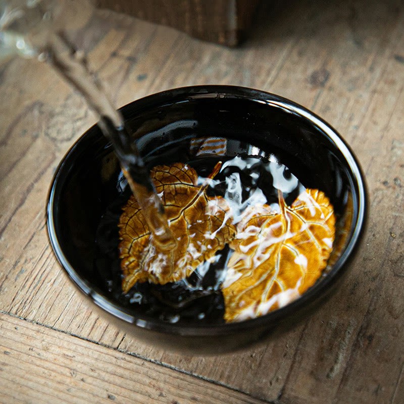Gold Maple Leaf Chinese Jianzhan Ceramic Teacup Tenmoku Kung Fu Tea Cup Bowl