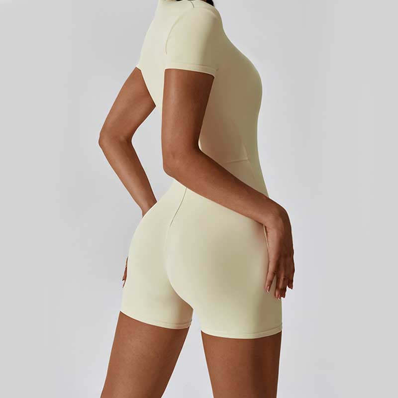 High Stretch Zipper Short Sleeve Jumpsuit Sports Fitness Yoga Women Bodysuit