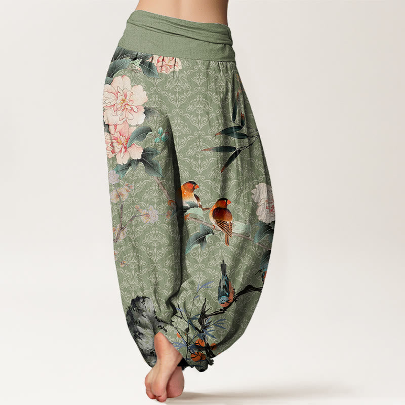Warbler Bird Blooming Flower Branches Mandala Pattern Women's Elastic Waist Harem Pants