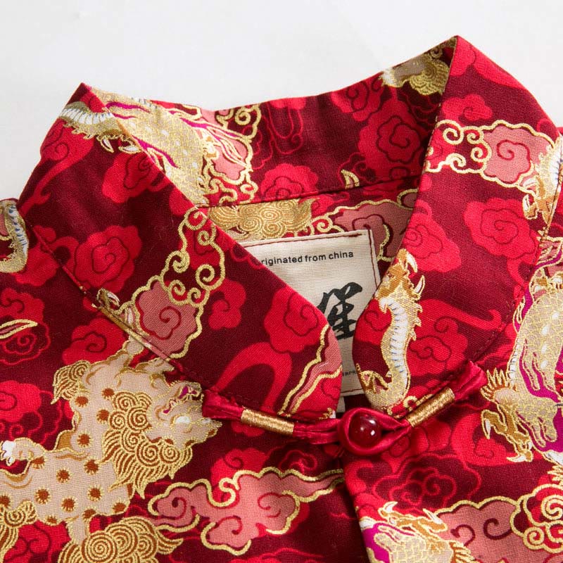 Chinese New Year Golden Auspicious Clouds Frog-button Tang Suit Cotton Men's Jacket Shirt With Pockets