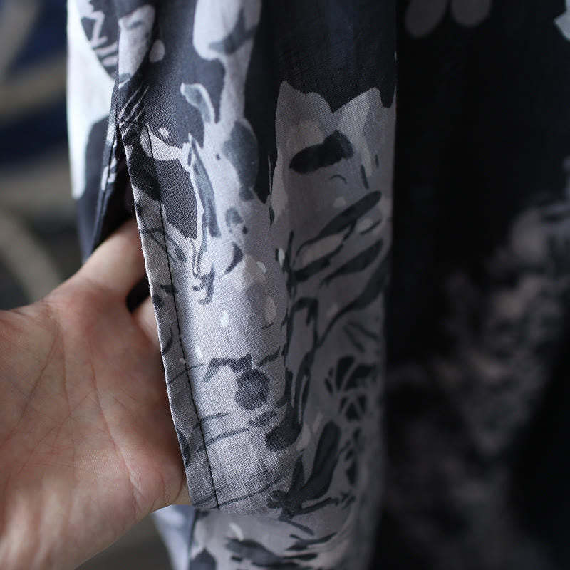 Ramie Linen Blue Flowers Leaves Cheongsam Dresses Short Sleeve Dress