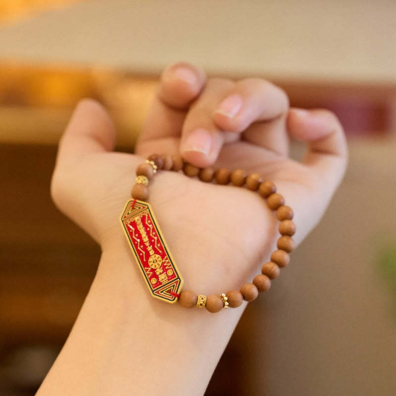 Sandalwood Wood Bead Gold Plated Copper Bagua Yin Yang Chinese Character Harmony Bracelet