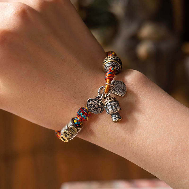 Handmade Tibetan 925 Sterling Silver Chinese Zodiac Natal mystic zen Zakiram Goddess of Wealth Protection Multicolored Rope Braided Bracelet