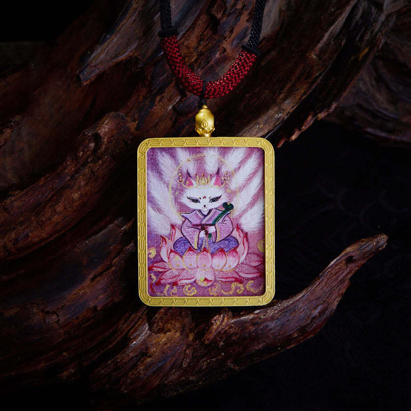 Tibetan Zakiram Nine-Tailed Fox Yellow God of Wealth Painted Thangka Hope Necklace Pendant