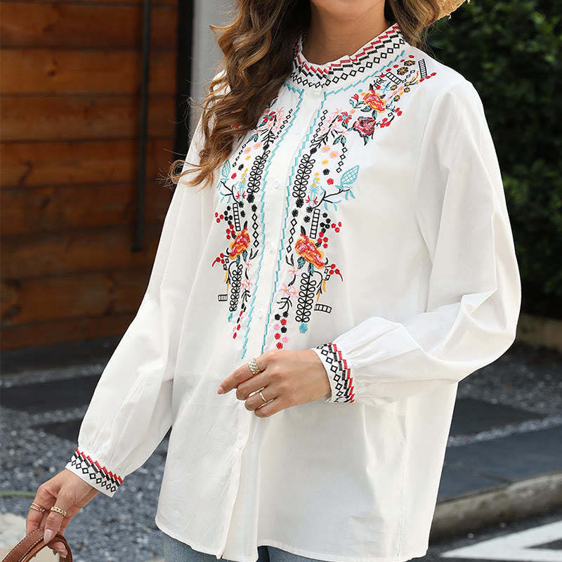 White Casual Embroidery Plants Flower Pattern Button Stand Collar Cotton Women's Shirt