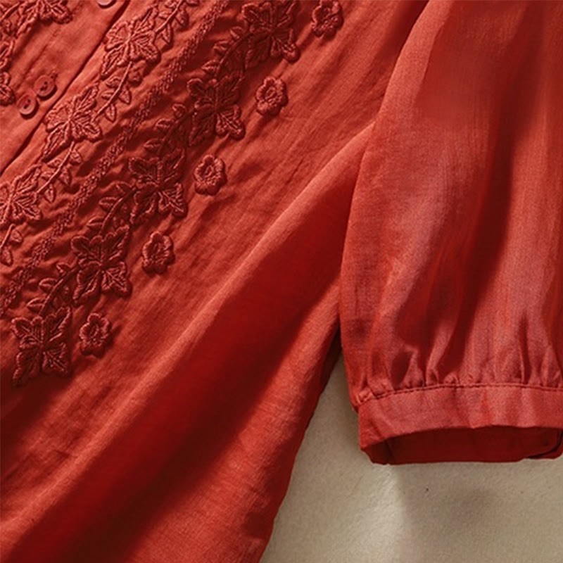 Summer Plain Button Embroidery Flower Pattern Three Quarter Sleeve Lapel Cotton Linen Women's Shirt