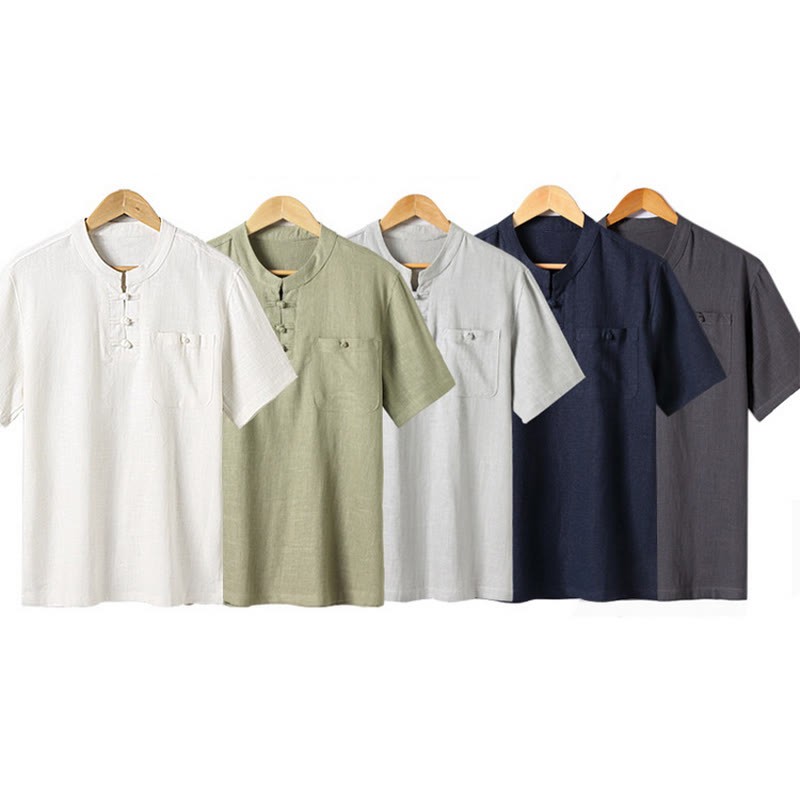 Loose Men's Shirt Solid Color Notched Neck Top Short Sleeve Comfy Button Breathable Cotton Linen Shirt