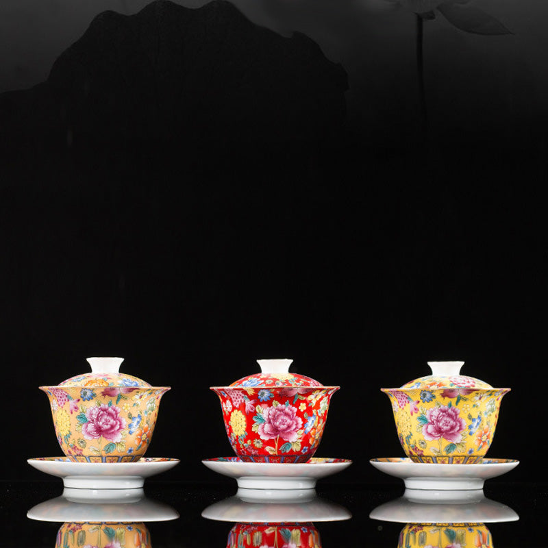 Peony Flowers Ceramic Gaiwan Sancai Teacup Kung Fu Tea Cup And Saucer With Lid