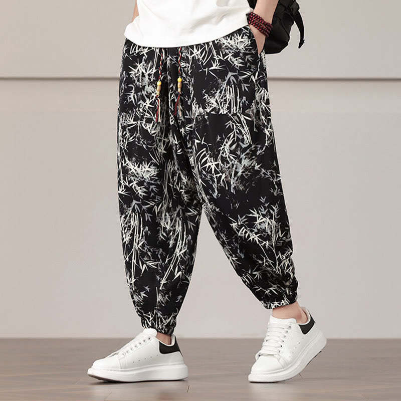 Bamboo Leaf Pattern Drawstring Men's Harem Pants With Pockets