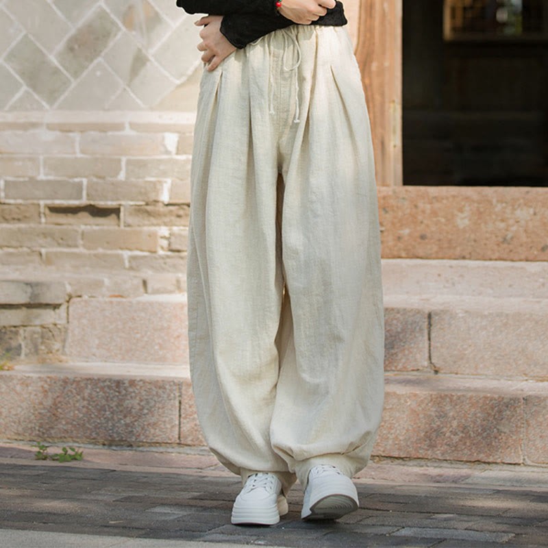Casual Plain Loose Waist Tie Rope Women's Ramie Cotton Pants With Pockets