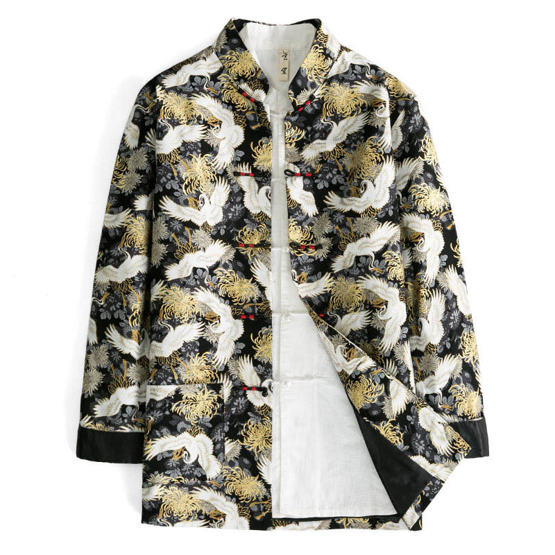 Chinese New Year Flying Crane Chrysanthemum Frog-button Tang Suit Cotton Men's Jacket Shirt With Pockets