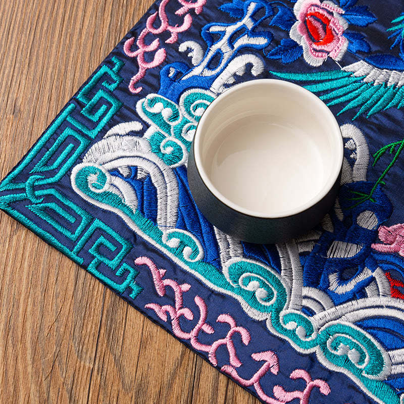 Phoenix Dragon Kirin Embroidery Cup Mat Pad Tea Cup Coaster Kung Fu Tea Mat