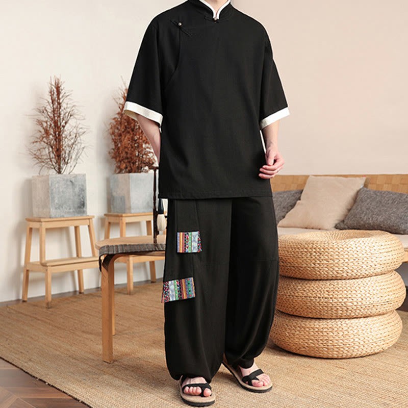 2Pcs Chinese Frog-button Men's Shirt Wide Leg Pants Meditation Cloth Set
