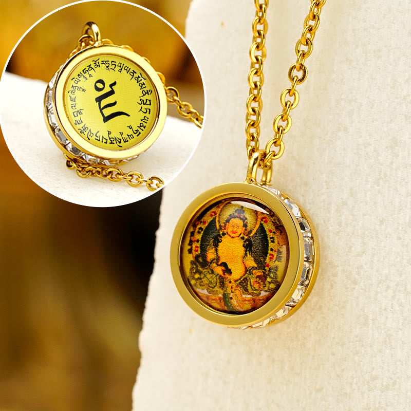 Tibetan Yellow God Of Wealth Green Tara mystic zen Serenity Titanium Steel Necklace Pendant