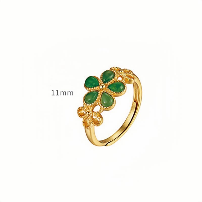Natural Hetian Jade 925 Sterling Silver Plated Gold Flower Adjustable Prosperity Ring