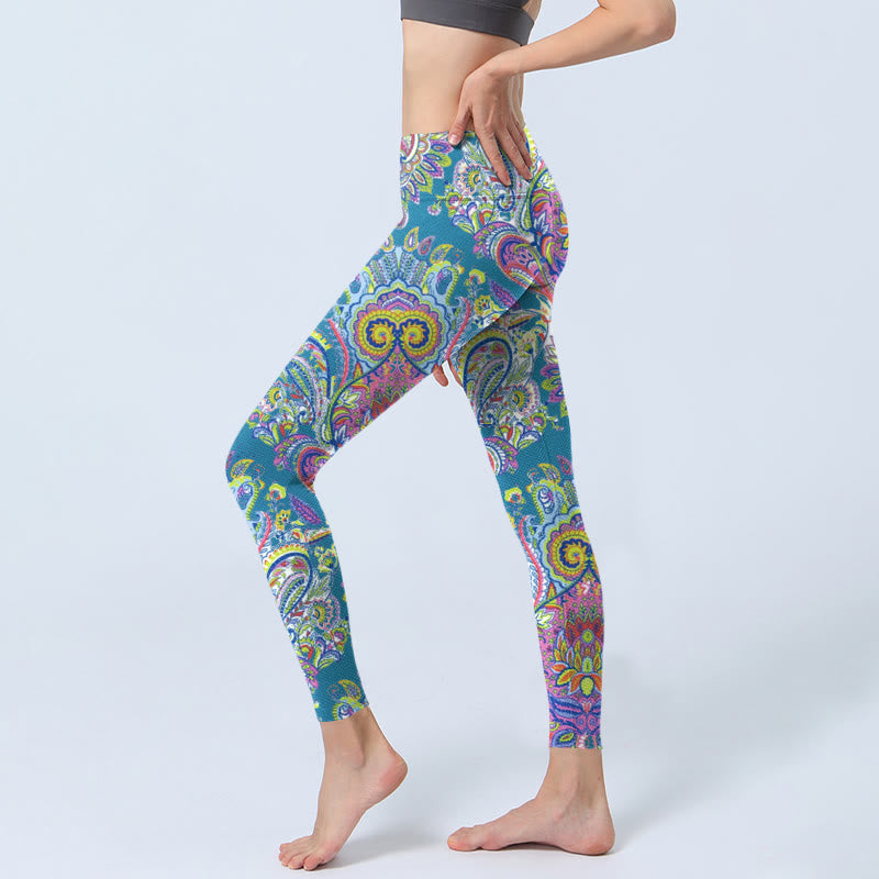 Blue Pink Green Flower Print Gym Fitness Leggings Women's Yoga Pants