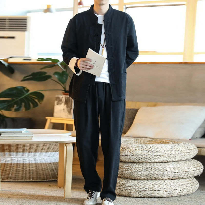 2Pcs Zen Tang Suit Men's Frog-Button Long Sleeve Shirt Pants Set With Pockets
