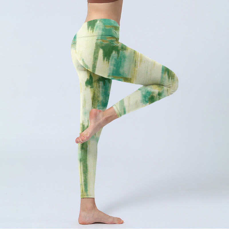 Beige Green Tie Dye Print Exercise Leggings Women's Yoga Pants