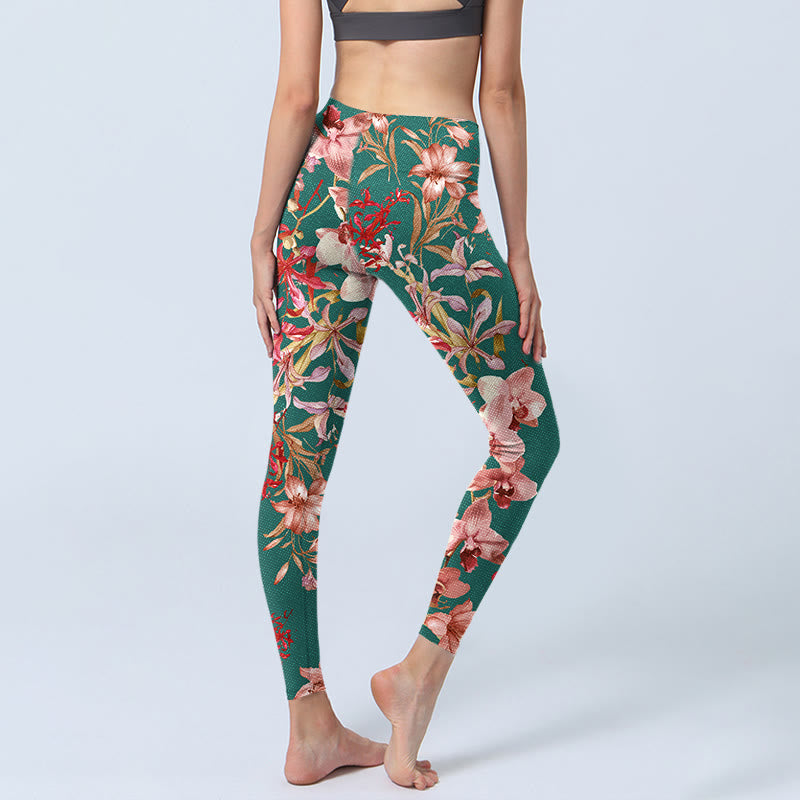 Green Pink Flowers Print Gym Fitness Leggings Women's Yoga Pants