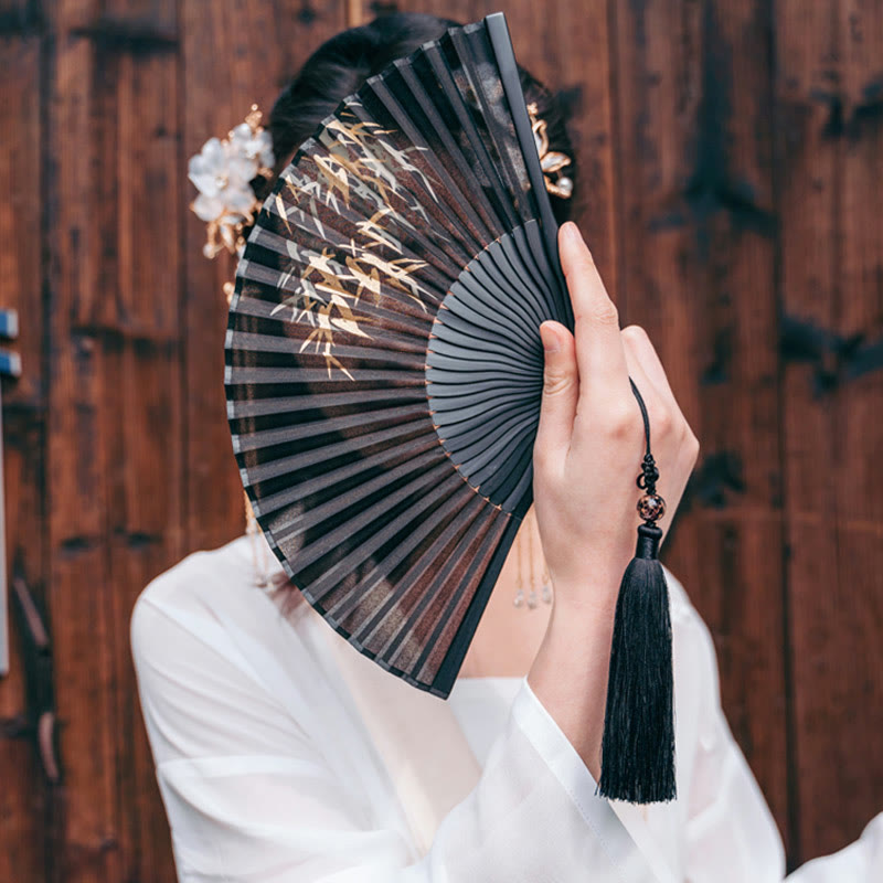 Black Bamboo Leaf Print Silk Handheld Bamboo Folding Fan