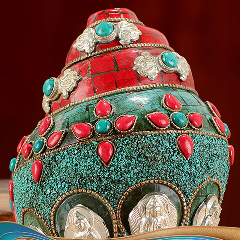 Tibetan Handmade Shankha Om Mani Padme Hum mystic zen Avalokitesvara Turquoise Conch Shell Positive Decoration
