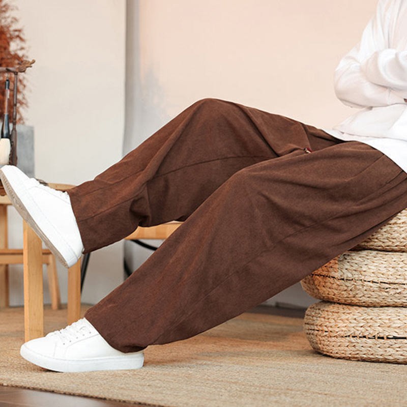 Fall Winter Men's Drawstring Corduroy Solid Pants With Pockets