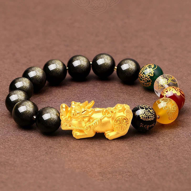 Natural Gold Sheen Obsidian PiXiu Five Directions Gods of Wealth Protection Bracelet