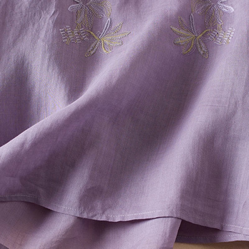 Casual Embroidery Plants Women's V-Neck Design Half Sleeve Cotton Blended Shirt