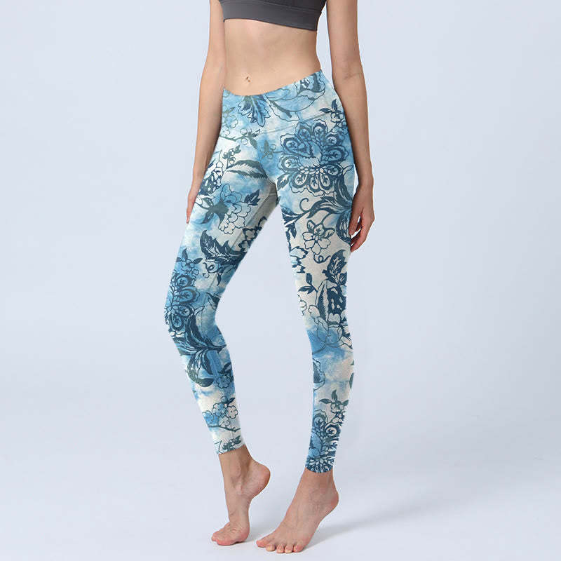 Peony Chrysanthemum Print Gym Leggings Women's Yoga Pants
