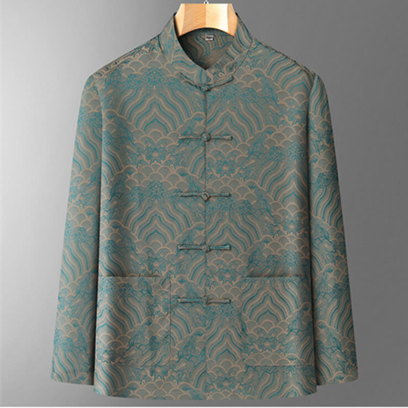 2Pcs Auspicious Clouds Waves Tang Suit Men's Frog-Button Long Sleeve Shirt Pants Set