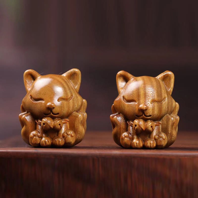 Mini Nine-Tailed Fox Ivory Fruit Sandalwood Green Sandalwood Blessing Decoration